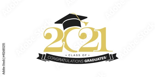 Gold design for graduation ceremony. Class of 2021. Congratulations graduates typography design template for shirt, stamp, logo, card, invitation etc. Vector illustration