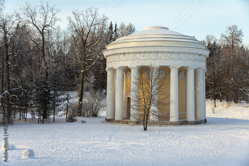 Evening in the winter park. Pavlovsk, the vicinity of St. Petersburg. Russia