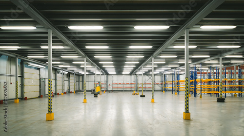 Interior of huge empty storehouse. Industrial warehouse racking.