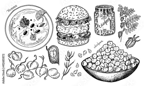 Bowl of chickpeas, burger with vegetables, traditional hummus, bean fruit, pea sprouts, glass jar and plant. Vintage vector illustration 
