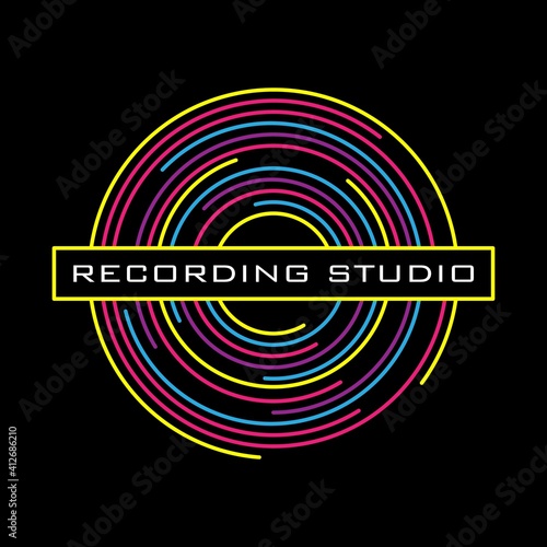 Vinyl record logo for a recording studio. Vinyl line on a black background. Vector.