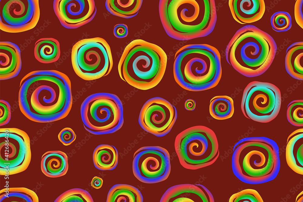 Bright seamless pattern in hippie style of rainbow spirals on a red background