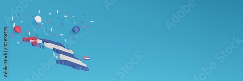 Map of Cuba combined with flags for social media and website background covers, addition Country colored balloons to celebrate national shopping day and national independence in 3d rendering