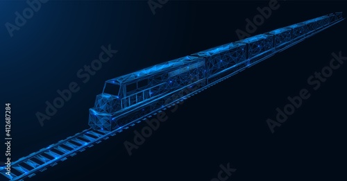 Freight train. Overland cargo delivery. A locomotive running on rails. Polygonal construction of thin lines. Blue background.