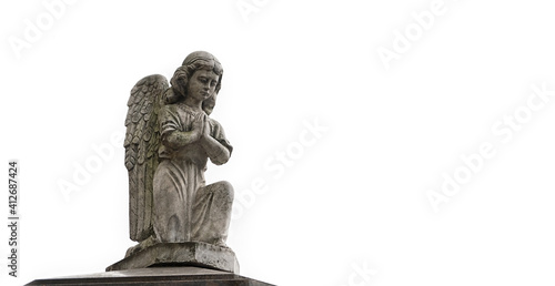 sad angel statue on white background. concept of memory, religion, condolence, mourning card or obituary. copy space