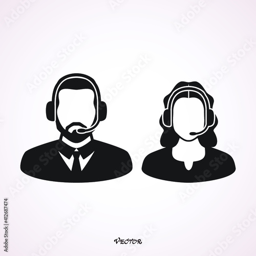 Call center operator with headset web icon design. Call center avatar set. Client services and communication, customer support, phone assistance, information, solutions. Vector © Galatenko