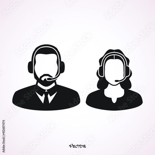 Call center operator with headset web icon design. Call center avatar set. Client services and communication, customer support, phone assistance, information, solutions. Vector