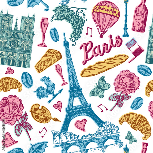 Paris seamless pattern in vintage retro style. France, eiffel tower and buildings. Retro doodle elements. Vector illustration. Hand drawn engraved retro sketch. Monochrome poster or banner.