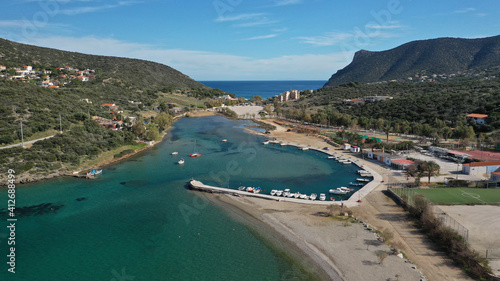 Aerial drone photo of famous beautiful seaside sandy beach area of Avlaki in Porto Rafti, Mesogeia, Attica, Greece