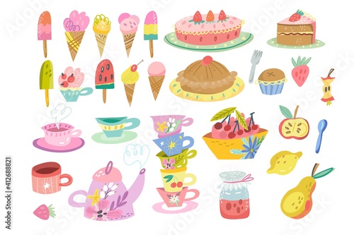 Cute Set of cakes, ice cream, tea cups and deserts in lovely color palette. 