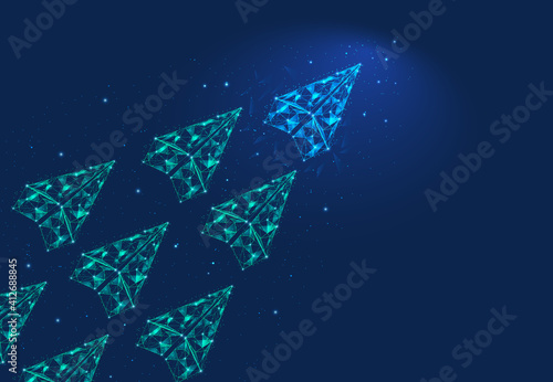 Polygon paper plane leadership concept with light blue paper plane leading among many light green plane on blue background. Innovative creative business concept futuristic vector illustration.