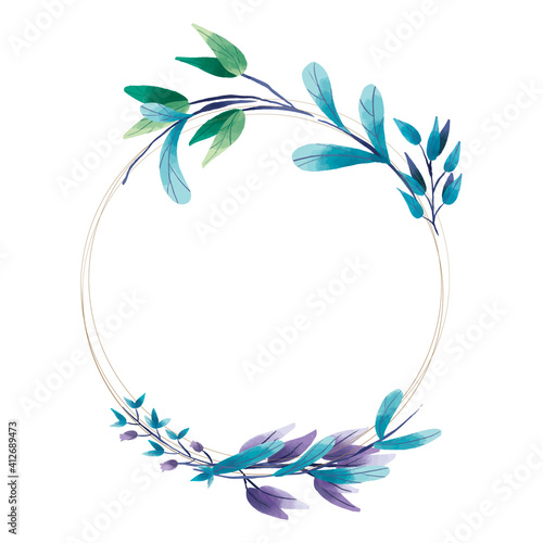 beautiful round gilded frame with green leaves. exotic background.