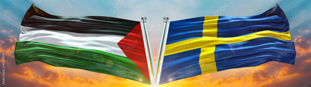 Sweden Flag and Palestine flag waving with texture sky Cloud and sunset