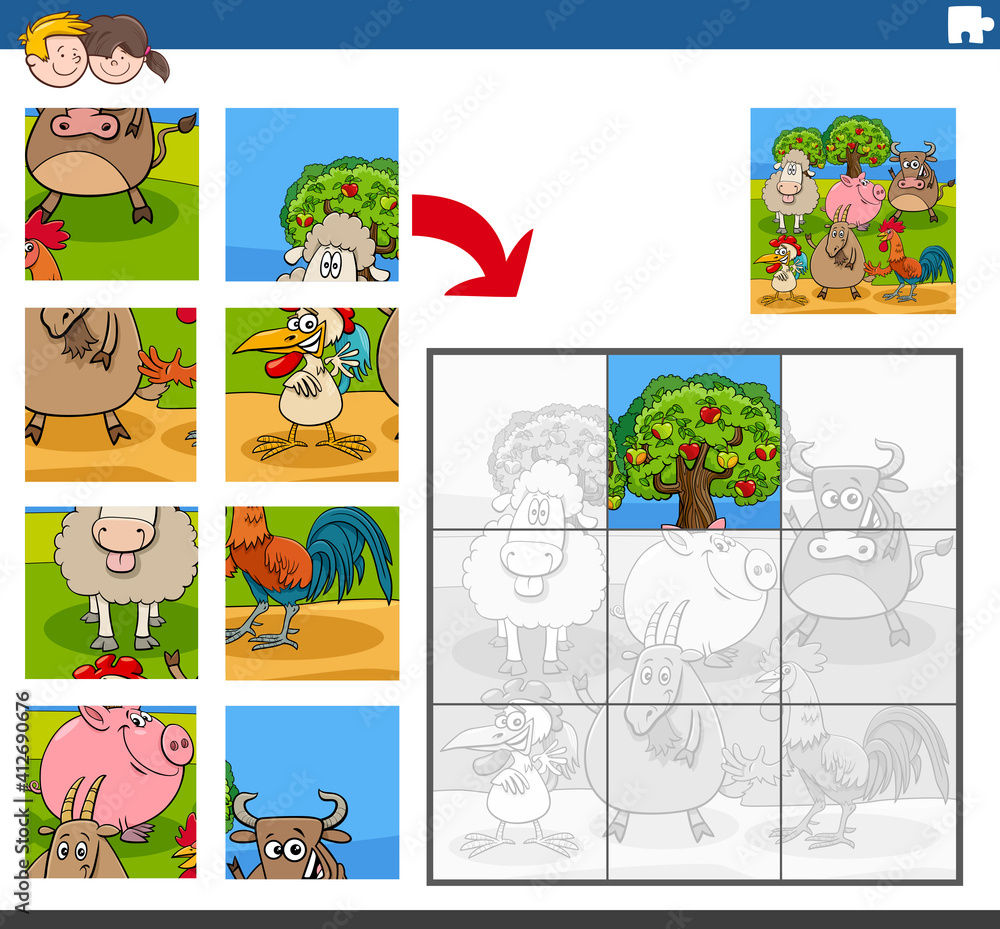 jigsaw puzzle game with comic farm animal characters