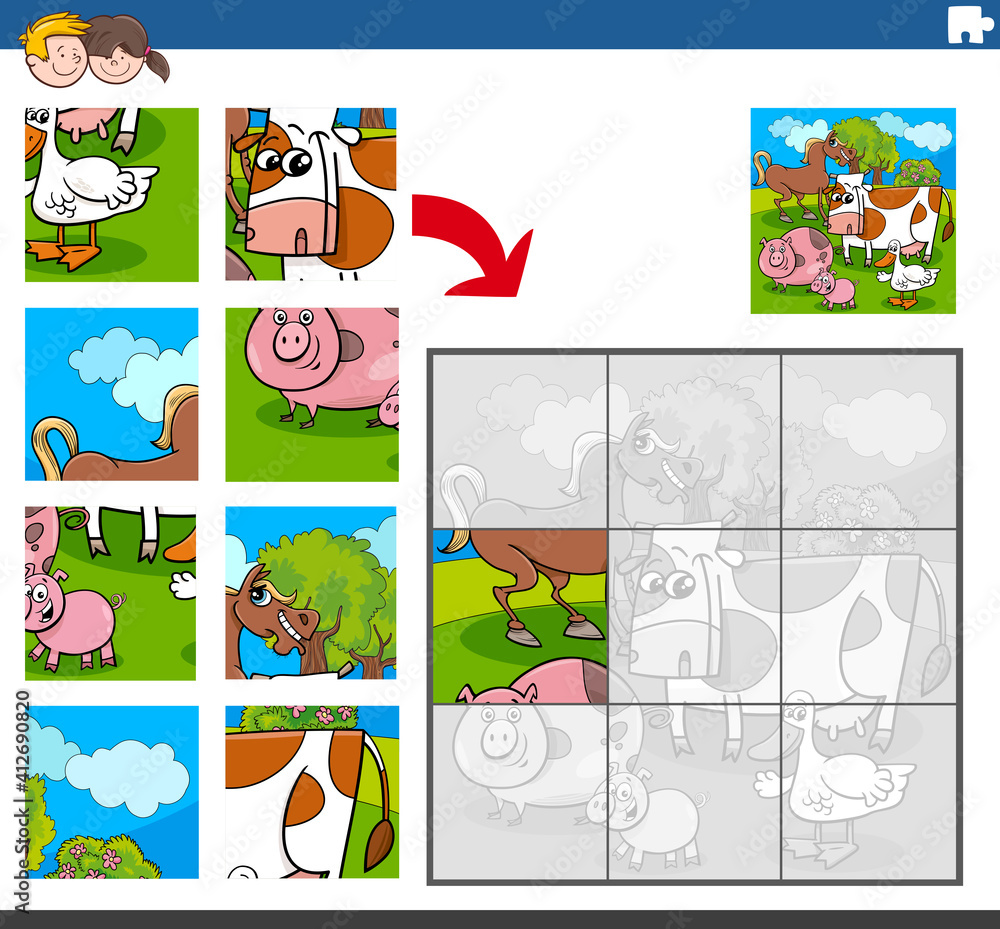 Fototapeta premium jigsaw puzzle game with funny farm animal characters