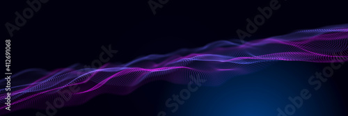 Abstract neon wave background in purple and blue tones. Visualization of computer virtual reality.3D rendering. © Olena