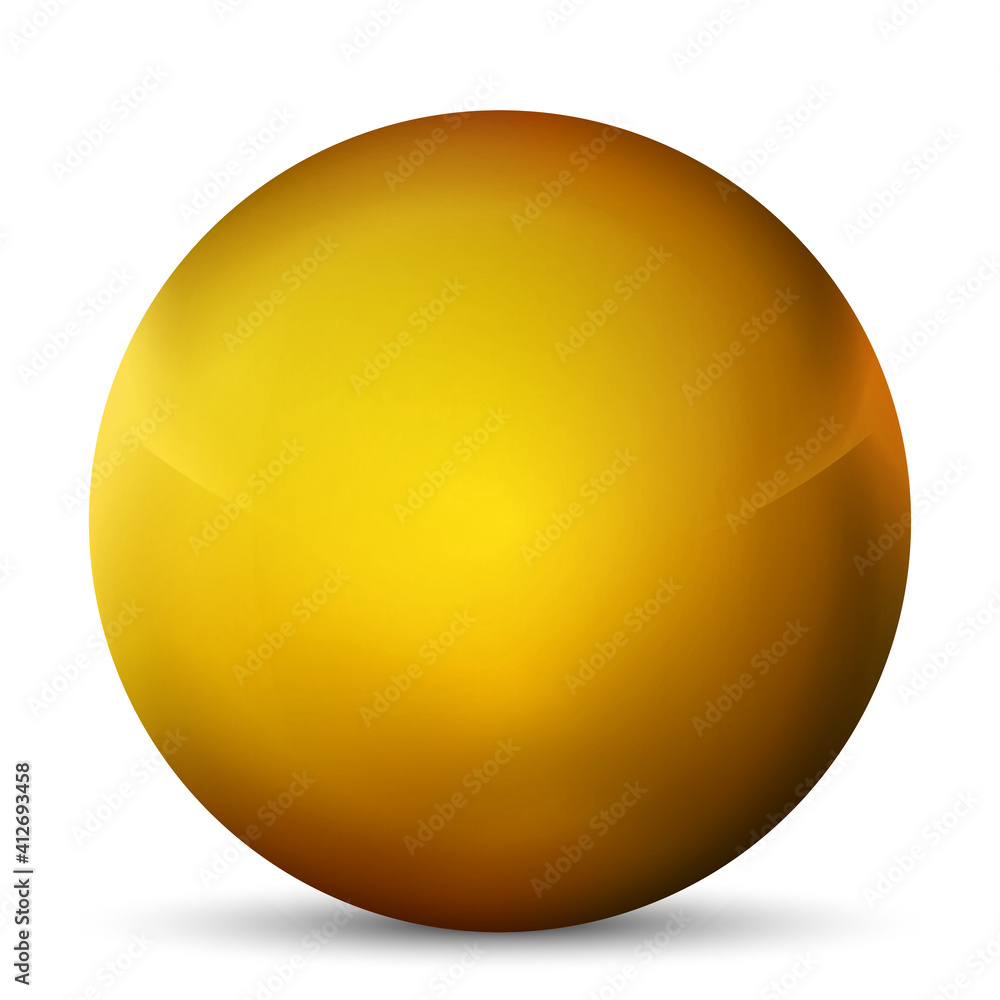 Glass golden ball or precious pearl. Glossy realistic ball, 3D abstract vector illustration highlighted on a white background. Big metal bubble with shadow.