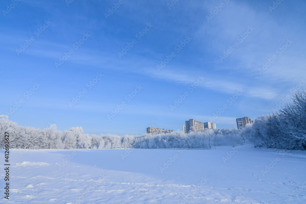 Idyllic snowy winter landscape panorama with trees covered with heavy hoarfrost, on a sunny morning in the city.