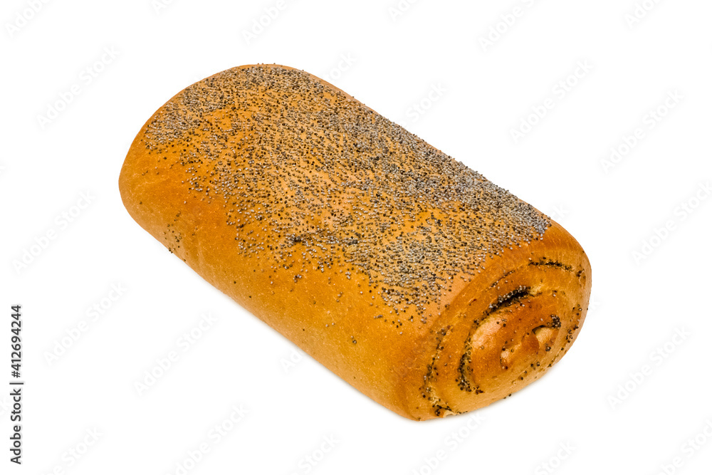 Sweet pastries. Roll with poppy seeds. Isolated object on a white background. Healthy baked bread. One piece of bread on white
