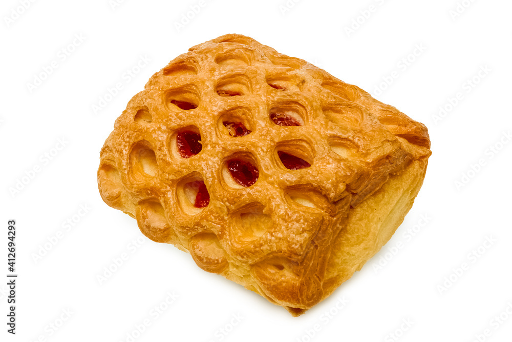 Sweet pastries. Puff pastry with jam. Isolated object on a white background. Healthy baked bread. One piece of bread on white