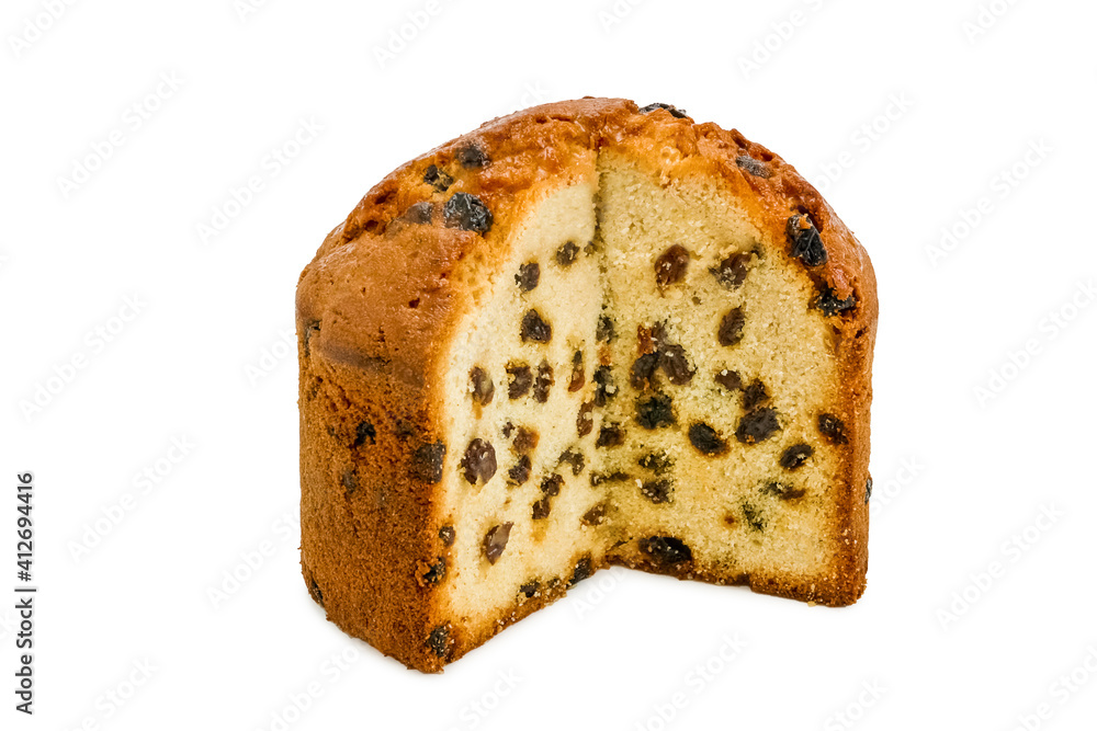 Cupcake with raisins. Sweet pastries. Isolated object on a white background. Healthy baked bread. One piece of bread on white