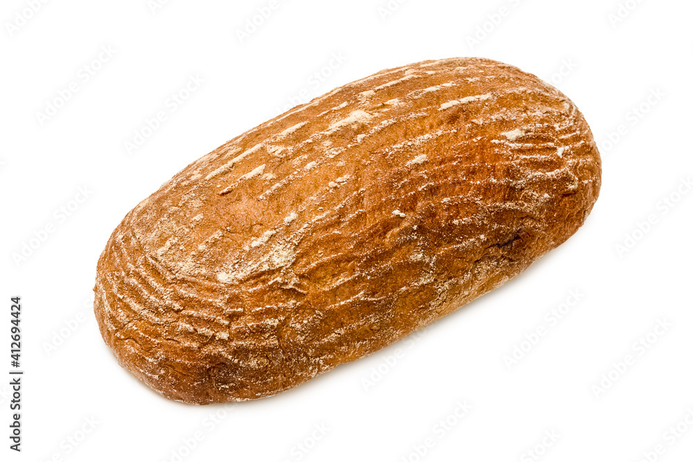 Freshly baked rye bread. Isolated object on a white background. Healthy baked bread. One piece of bread on white