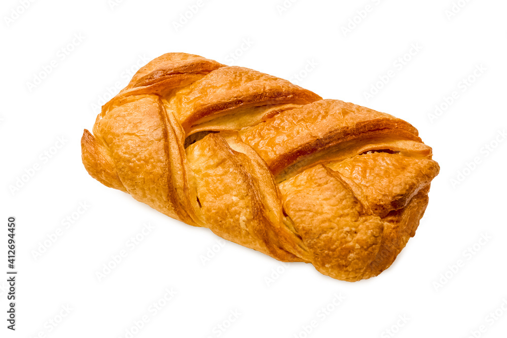 Sweet pastries. Puff pastry with jam. Isolated object on a white background. Healthy baked bread. One piece of bread on white