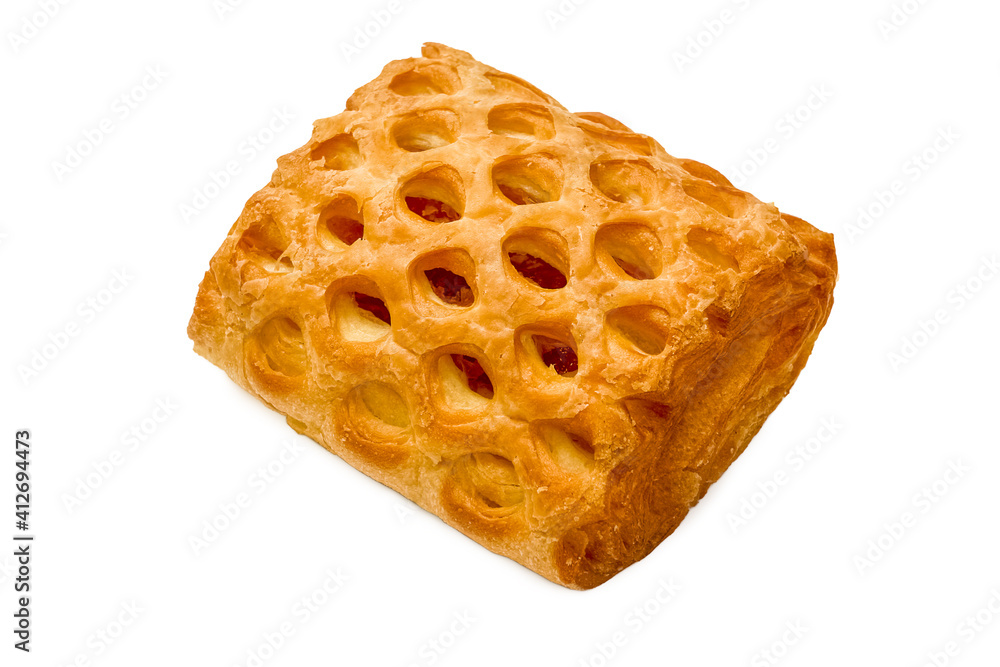 Sweet pastries. Puff pastry with jam. Isolated object on a white background. Healthy baked bread. One piece of bread on white