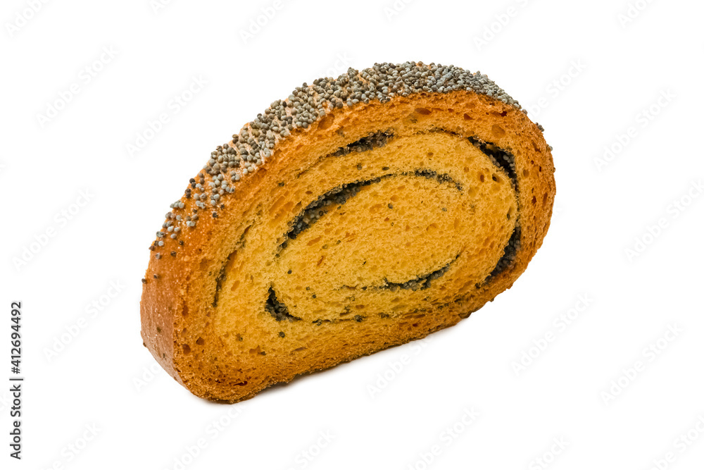 Sweet pastries. Breadcrumbs with poppy seeds. Isolated object on a white background. Healthy baked bread. One piece of bread on white