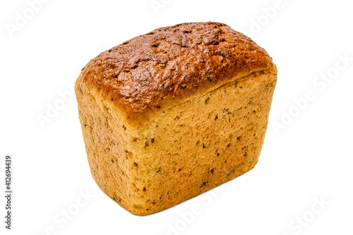 Freshly baked wheat bread. Isolated object on white background. Healthy baked bread. Whole bread on white