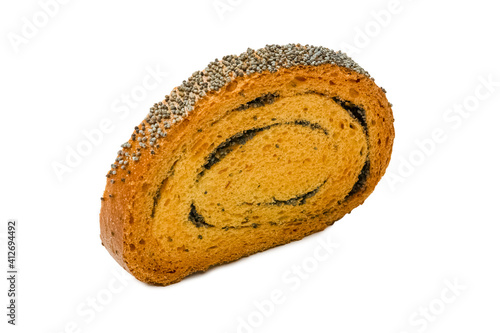Obraz na płótnie Sweet pastries. Breadcrumbs with poppy seeds. Isolated object on a white background. Healthy baked bread. One piece of bread on white w salonie