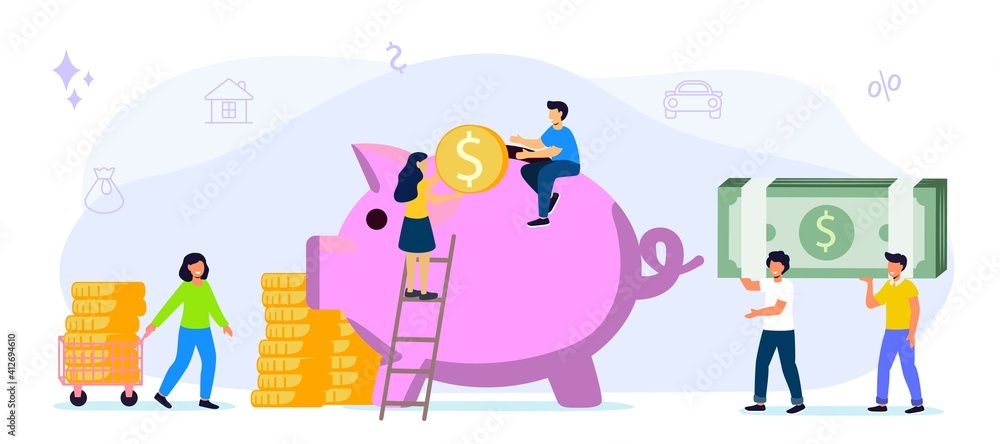 Big piggy bank on a white background with money Businessmen hoarding or saving money Funding vector flat illustrations concept The accumulation of money Economy of funds Big piggy bank on a white background with money Businessmen hoarding or saving money Funding vector flat illustrations concept The accumulation of money Economy of funds