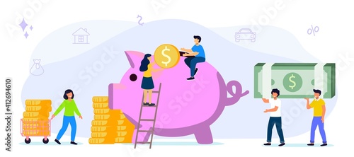Big piggy bank on a white background with money Businessmen hoarding or saving money Funding vector flat illustrations concept The accumulation of money Economy of funds