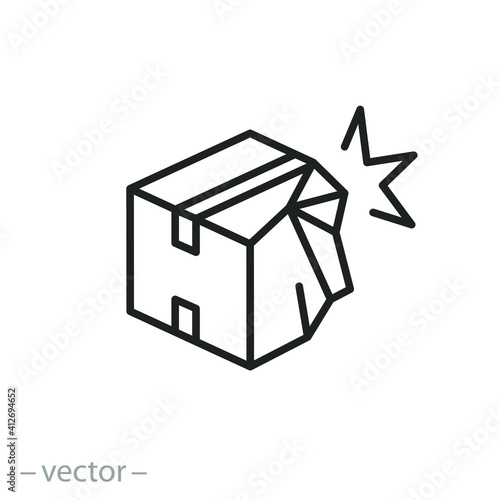 broken cardboard box icon, torn carton package, concept bad transportation, crumpled or squashed paper, delivery thin line web symbol on white background - editable stroke vector illustration