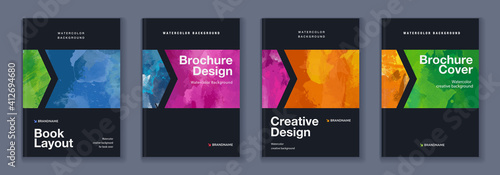 Watercolor booklet brochure colourful abstract cover template bundle set with black background