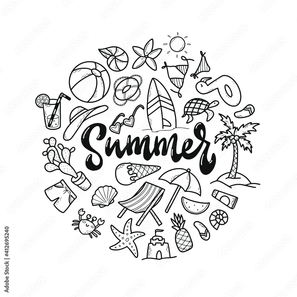 cute set of hand drawn summer doodles for prints, cards, stickers, coloring pages, product decor, posters, clipart, etc. EPS 10