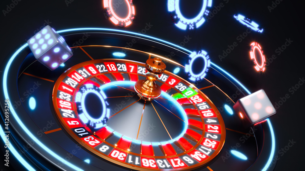 Casino background with neon glow roulette and poker chips falling 3d rendering Casino background with neon glow roulette and poker chips falling 3d rendering