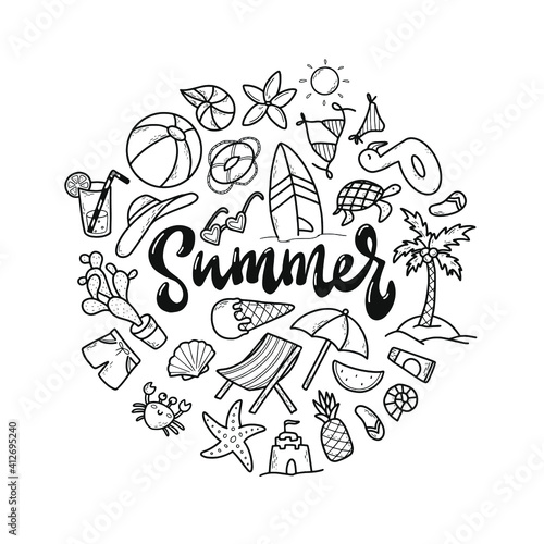 cute set of hand drawn summer doodles for prints  cards  stickers  coloring pages  product decor  posters  clipart  etc. EPS 10