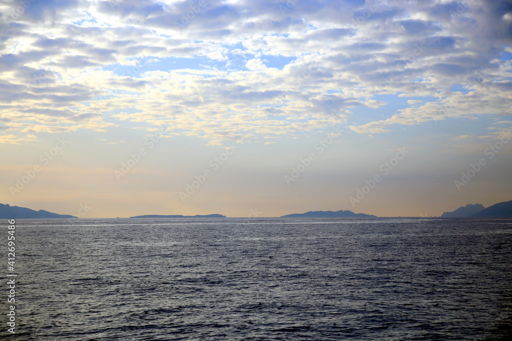 Sunset on the coast and islands of the Frioul archipelago off the coast of Marseille, France