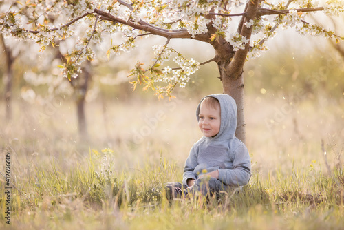 Little blond boy in gray sweatshirt with a hood on his head sits in green grass under flowering tree with white flowers, laughs. Weekend travel, picnic, out-of-town walks. Copy space. Blooming garden