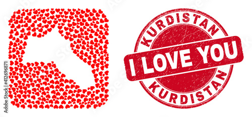 Vector mosaic Kurdistan map of lovely heart items and grunge love stamp. Mosaic geographic Kurdistan map designed as stencil from rounded square shape with love hearts.