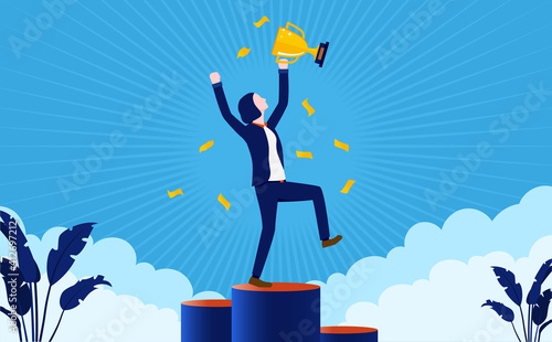 Businesswoman winner - Woman standing on podium, cheering with trophy in hand. Celebrating victory and success concept. Vector illustration.