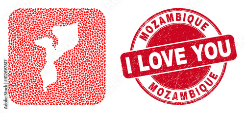 Vector mosaic Mozambique map of lovely heart items and grunge love stamp. Mosaic geographic Mozambique map designed as subtraction from rounded square shape with valentine hearts.