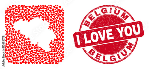 Vector collage Belgium map of lovely heart items and grunge love stamp. Mosaic geographic Belgium map created as subtraction from rounded square shape using lovely hearts.