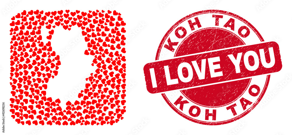 Vector mosaic Koh Tao map of valentine heart items and grunge love seal stamp. Mosaic geographic Koh Tao map designed as stencil from rounded square with valentine hearts. Vector mosaic Koh Tao map of valentine heart items and grunge love seal stamp. Mosaic geographic Koh Tao map designed as stencil from rounded square with valentine hearts.