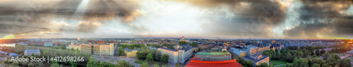 Panoramic sunset aerial view of Helsinki skyline from Uspenski Cathedral, Finland