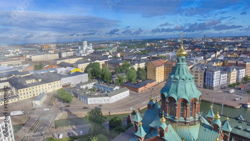 Aerial view of Helsinki skyline from Uspenski Cathedral