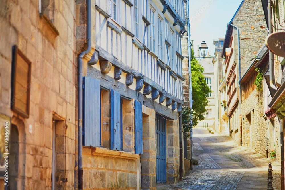 Beautiful half-timbered buildings in medieval town of Quimper, Brittany, France