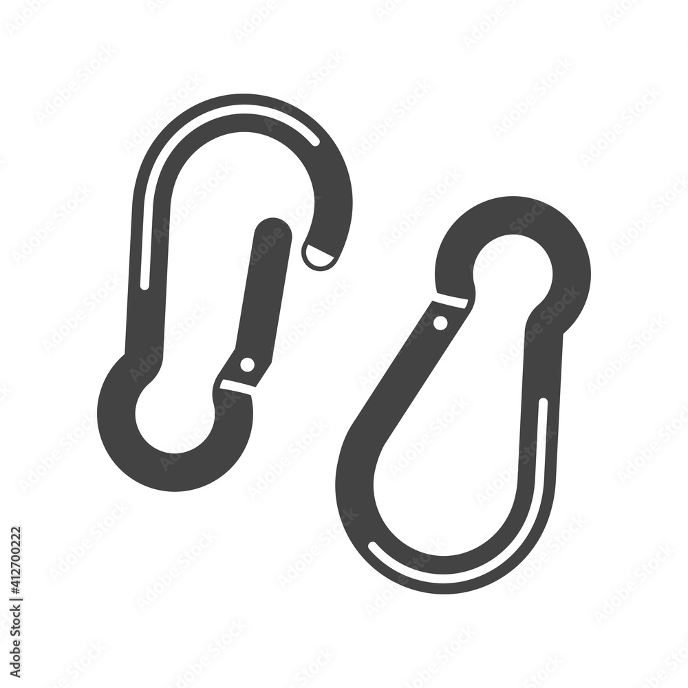 Carabiner or karabiner bold black silhouette icon isolated on white. Pair of shackle. Carabiner or karabiner bold black silhouette icon isolated on white. Pair of shackle.
