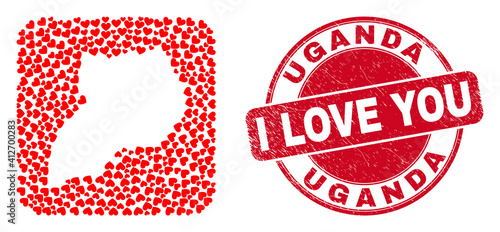 Vector collage Uganda map of love heart elements and grunge love seal stamp. Collage geographic Uganda map designed as carved shape from rounded square shape using valentine hearts.